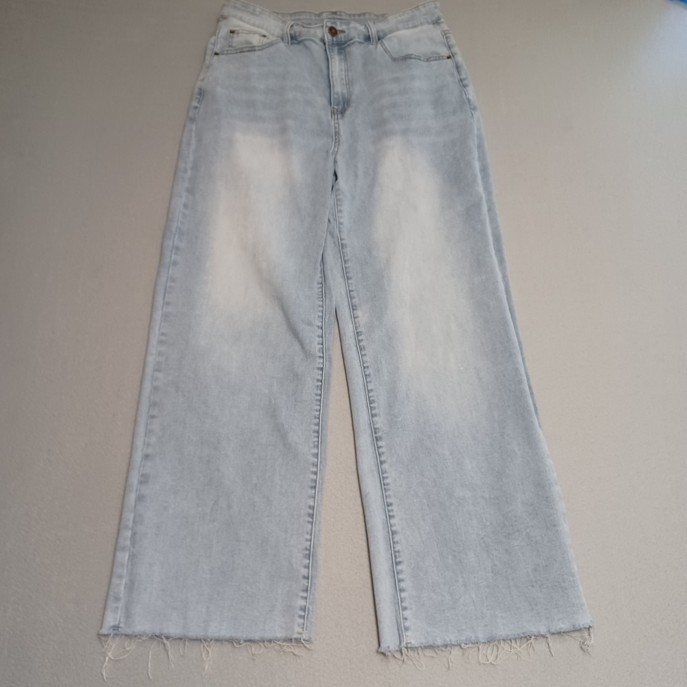 Fashion Jeans Wide Leg Womens 14 Light Wash Denim High‎ Rise Raw Hem Stretch